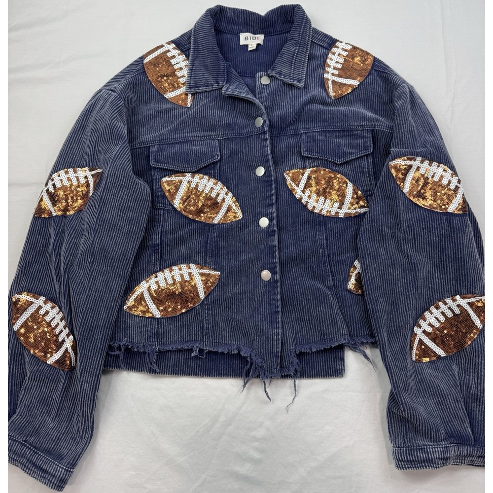 Bibi Blue Corduroy Cropped Jacket Women's Sz L Sequined Football Patches GUC